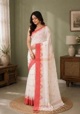 White Woven Design Cotton Saree Set