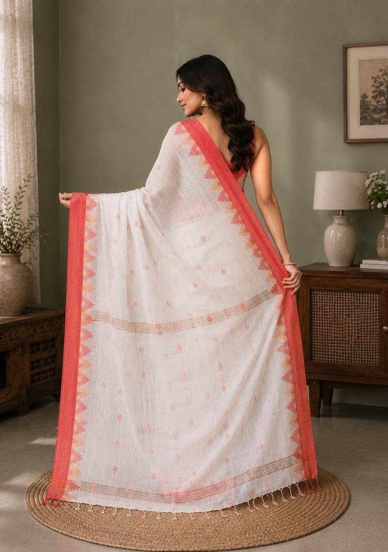 White Woven Design Cotton Saree Set - Indya