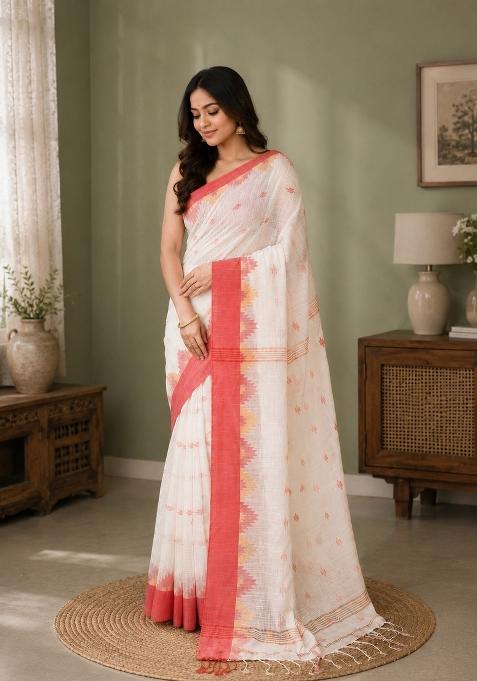 White Woven Design Cotton Saree Set