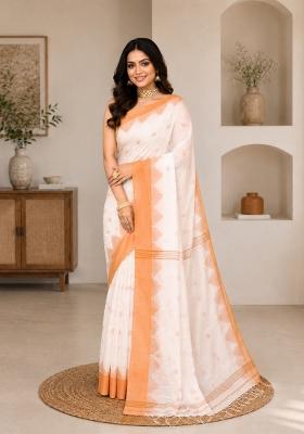 White Woven Design Cotton Saree Set