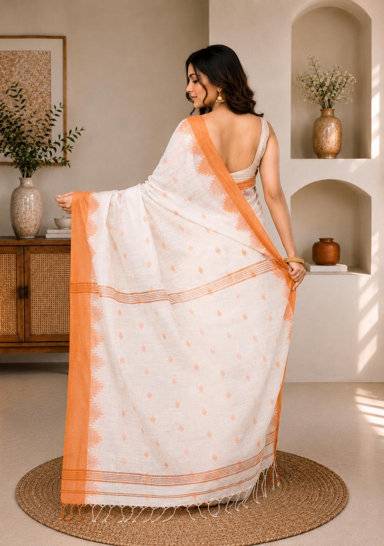White Woven Design Cotton Saree Set - Indya