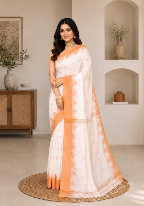 White Woven Design Cotton Saree Set