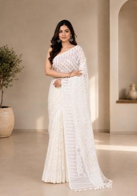 White Woven Design Cotton Saree Set