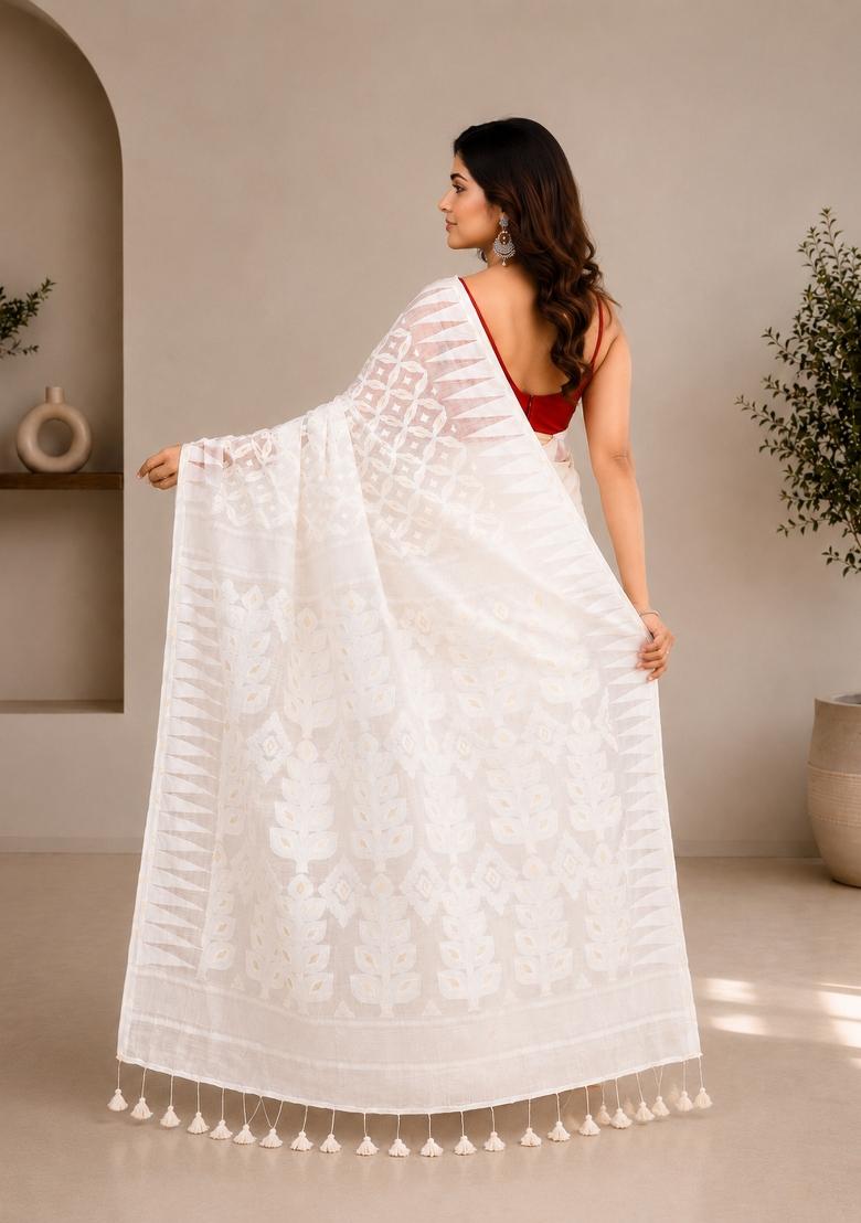 White Woven Design Cotton Saree Set - Indya