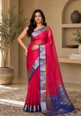 Rani Pink Woven Design Organza Saree Set