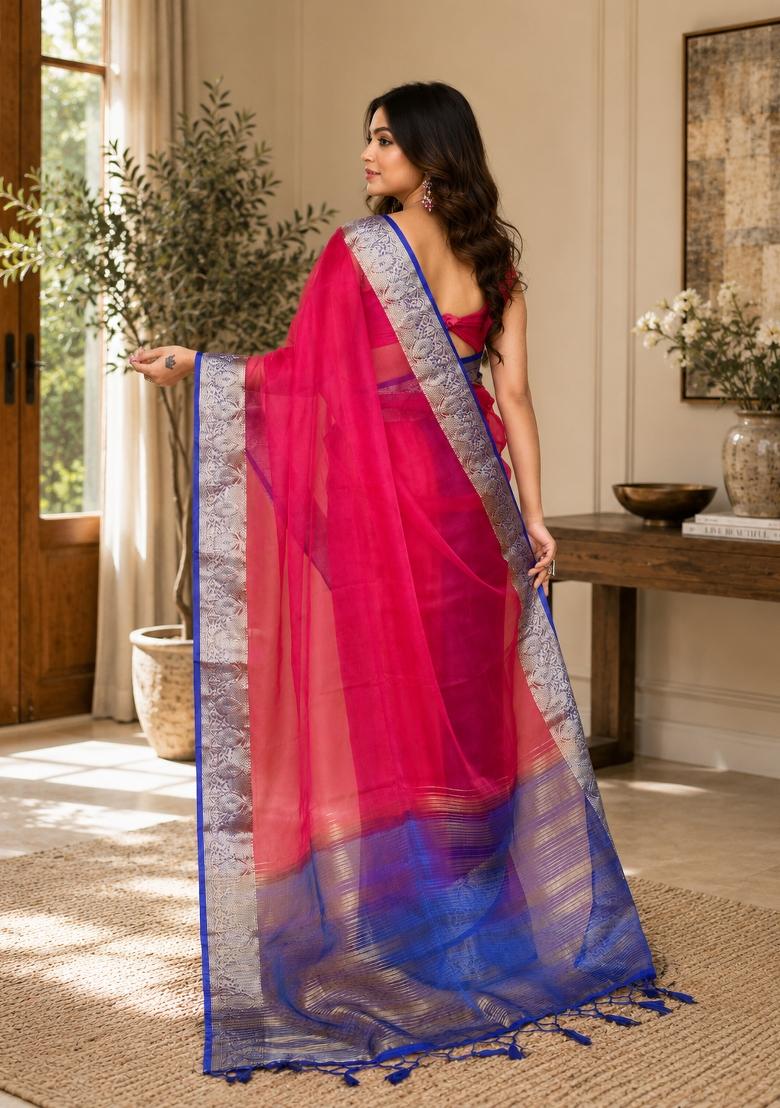 Rani Pink Woven Design Organza Saree Set - Indya