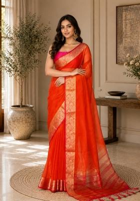 Orange Woven Design Organza Saree Set