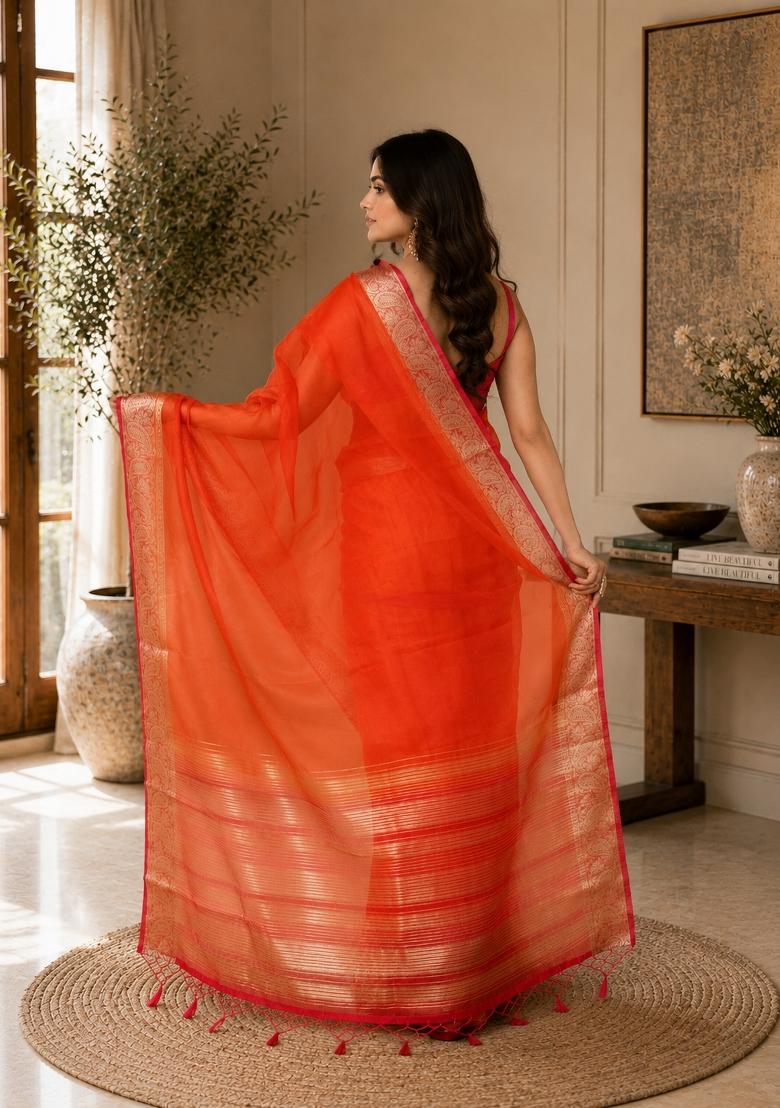 Orange Woven Design Organza Saree Set - Indya
