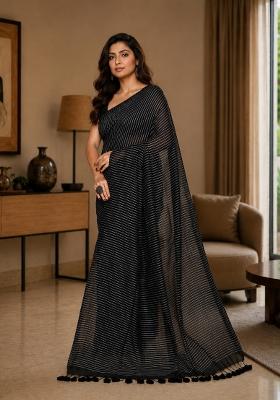 Black Woven Design Cotton Saree Set