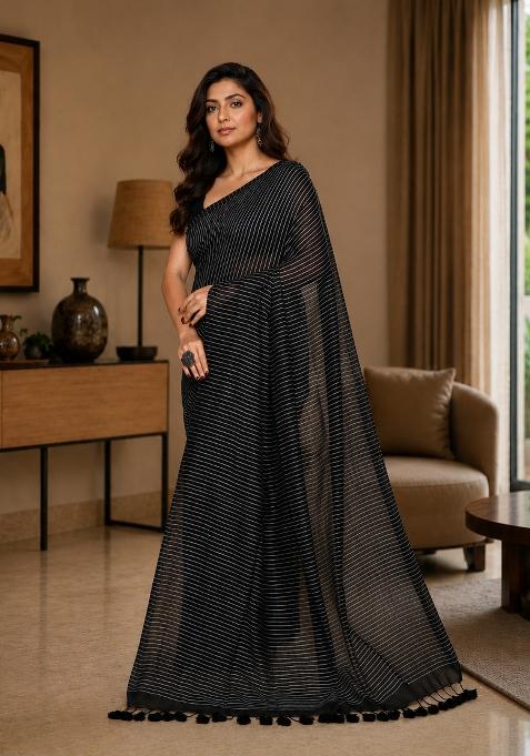 Black Woven Design Cotton Saree Set