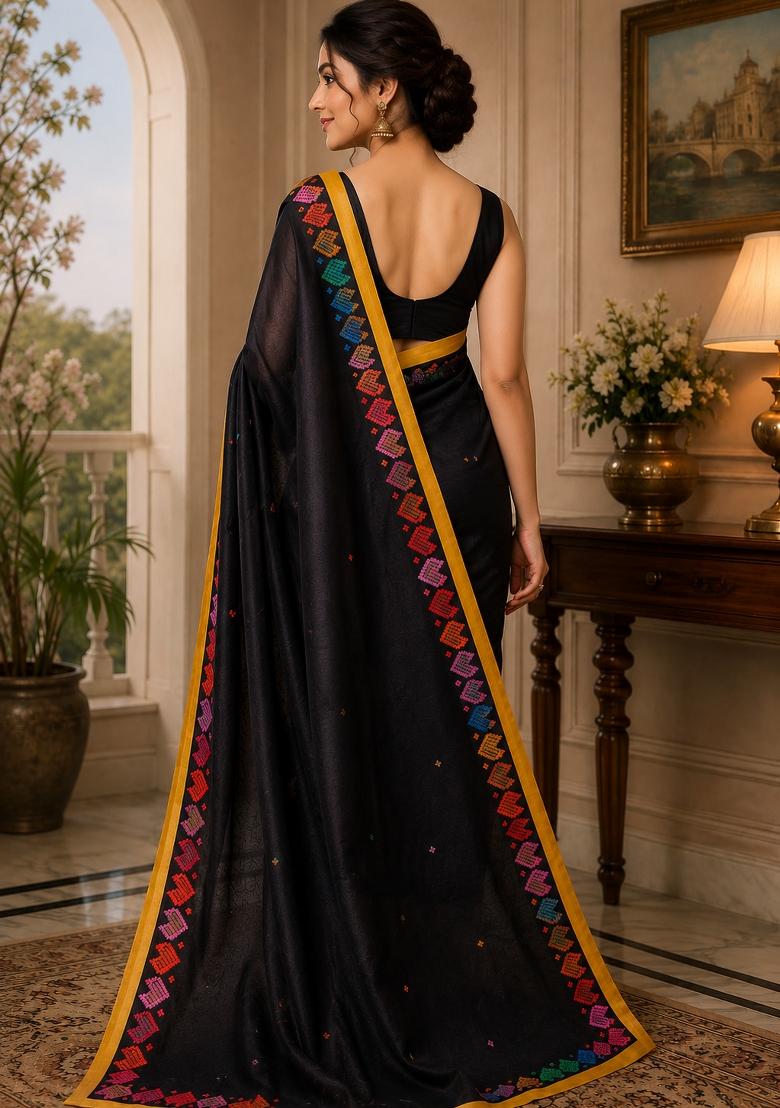 Black Woven Design Chanderi Saree Set - Indya