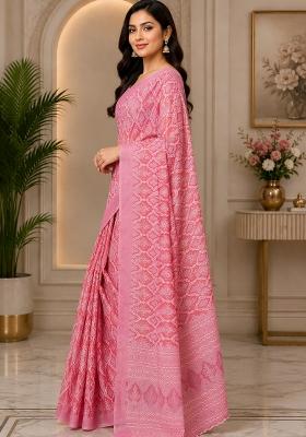 Rose Pink Woven Design Chanderi Saree Set