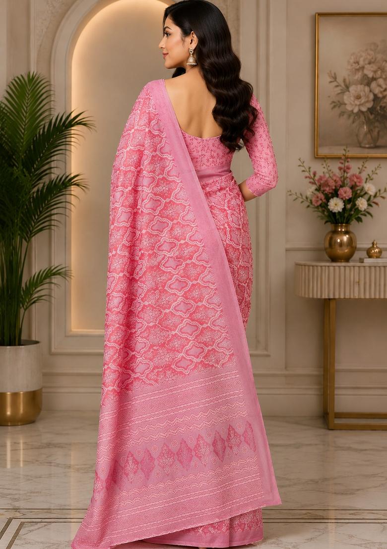 Rose Pink Woven Design Chanderi Saree Set - Indya
