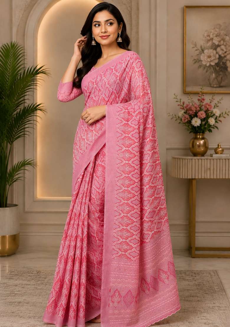 Rose Pink Woven Design Chanderi Saree Set for Diwali and Festive Wear - Indya