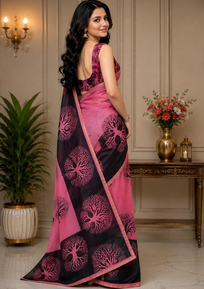 Pink Woven Design Chanderi Saree Set - Indya