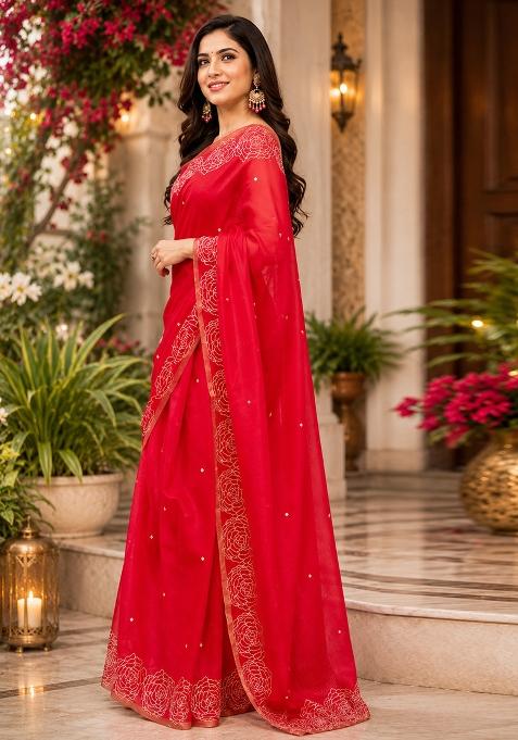 Red Woven Design Chanderi Saree Set