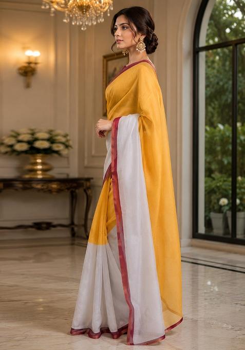 Mustard Yellow Woven Design Chanderi Saree Set