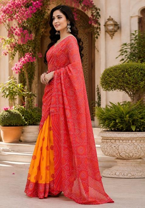 Red And Yellow Woven Design Chanderi Saree Set