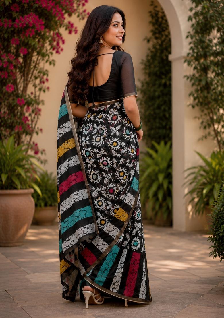 Black Woven Design Chanderi Saree Set - Indya