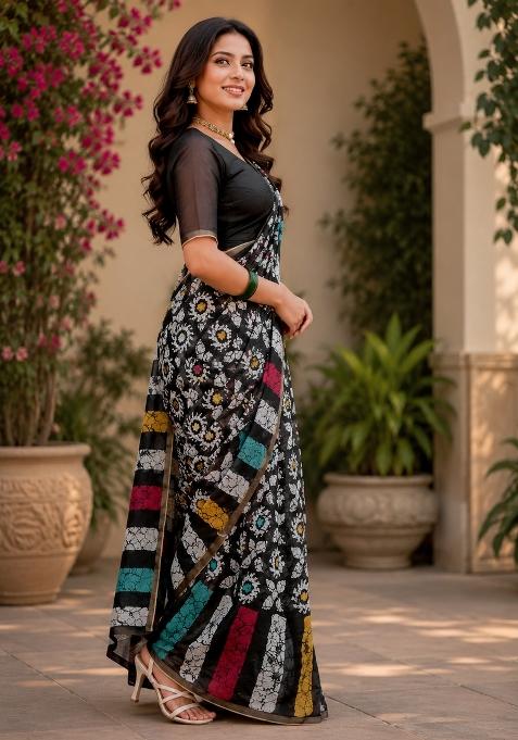 Black Woven Design Chanderi Saree Set