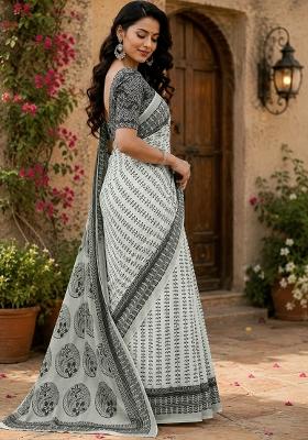 Grey And Black Woven Design Chanderi Saree Set