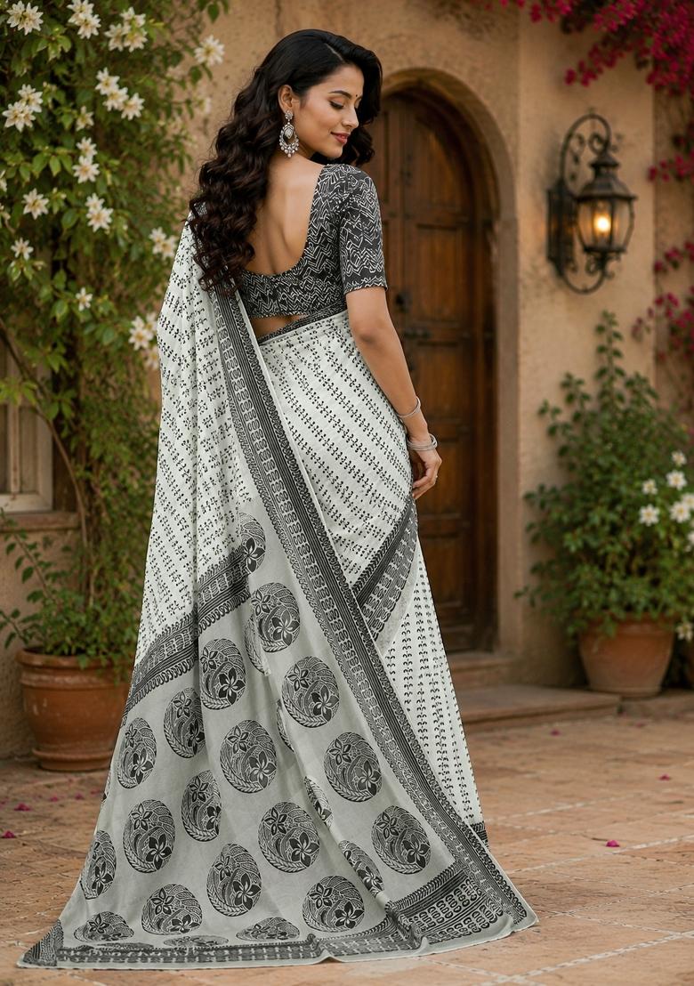 Grey And Black Woven Design Chanderi Saree Set - Indya