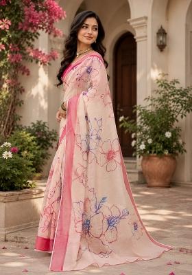 Cream And Pink Woven Design Chanderi Saree Set