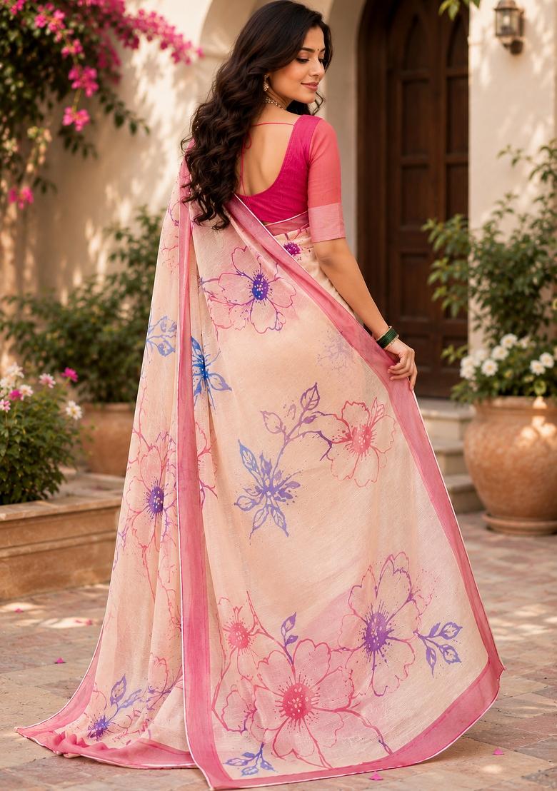 Cream And Pink Woven Design Chanderi Saree Set - Indya