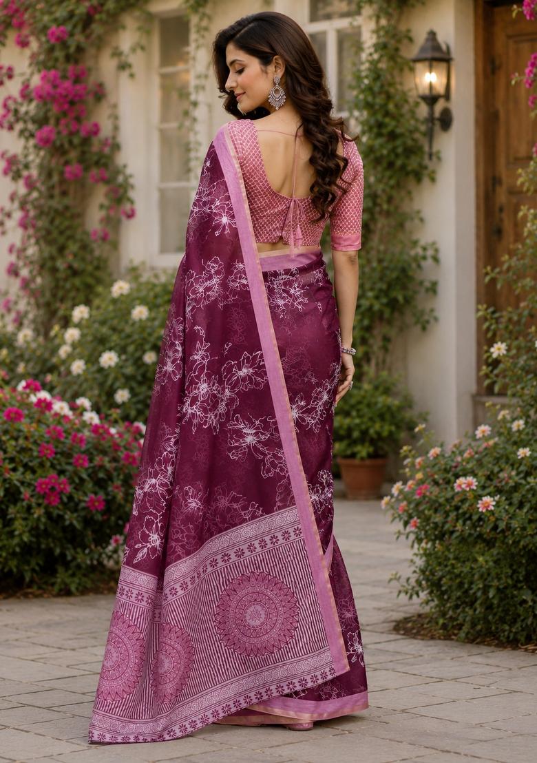 Wine Woven Design Chanderi Saree Set - Indya