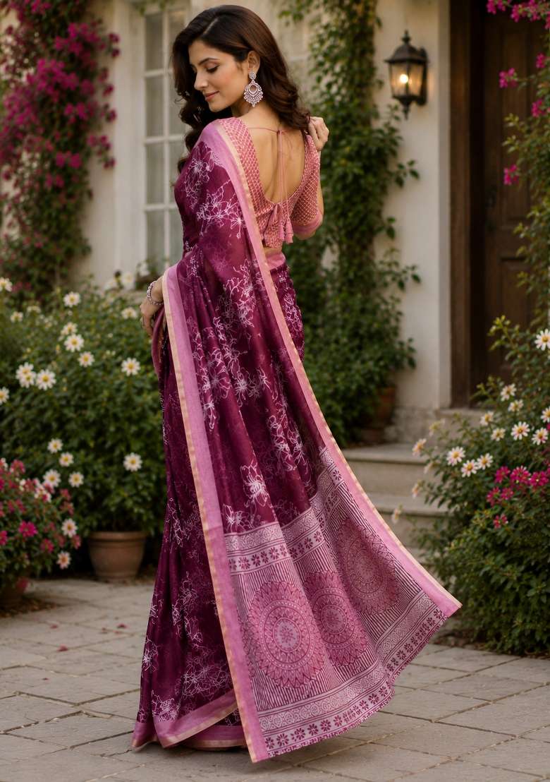 Wine Woven Design Chanderi Saree Set for Diwali | Wedding & Festive Wear - Indya
