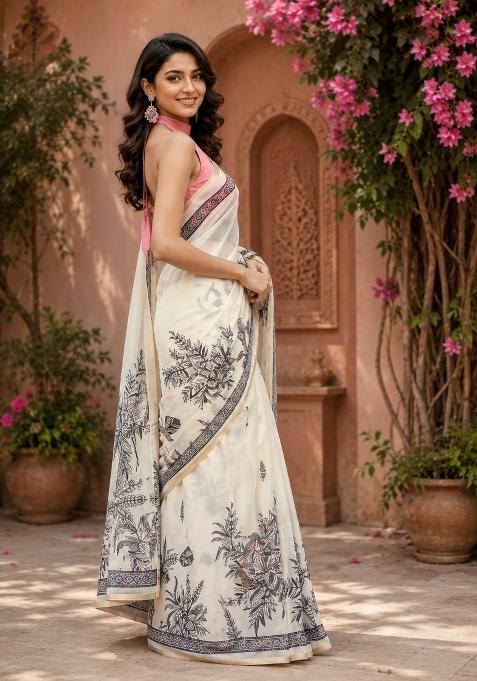 Off White Woven Design Chanderi Saree Set