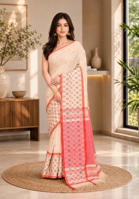 Beige Woven Design Cotton Saree Set