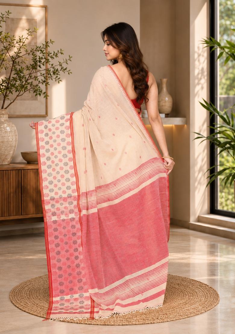 Beige Woven Design Cotton Saree Set - Indya