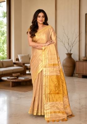 Beige Woven Design Tissue Saree Set