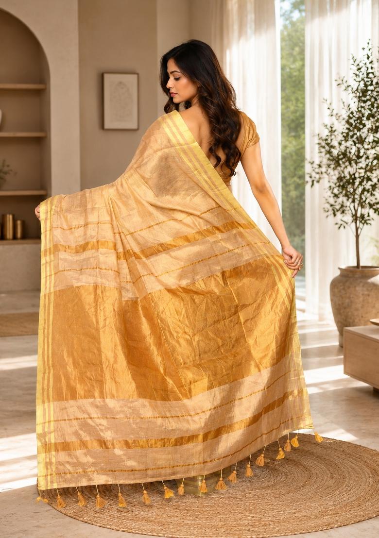 Beige Woven Design Tissue Saree Set - Indya