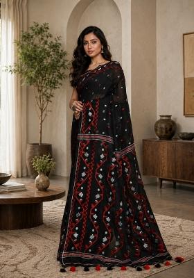 Black Woven Design Cotton Saree Set