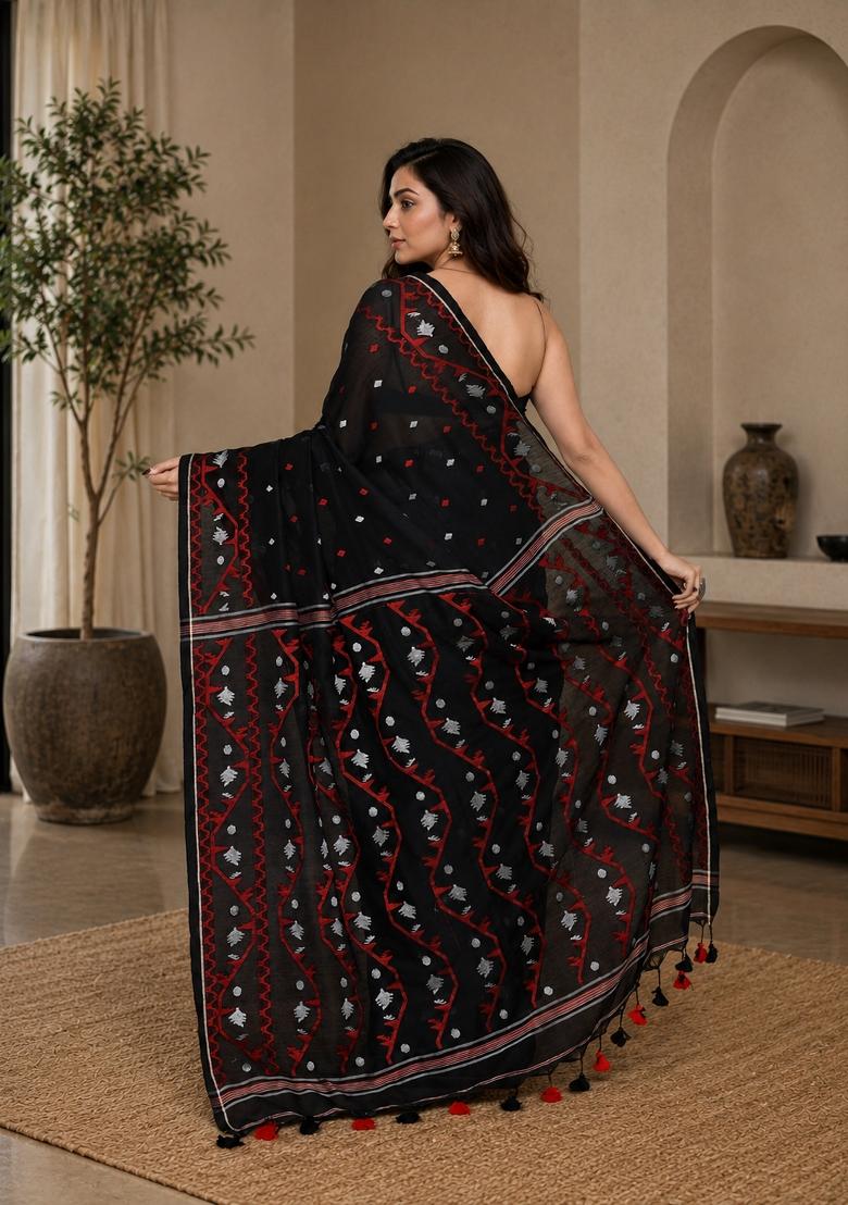 Black Woven Design Cotton Saree Set - Indya