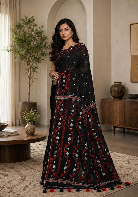 Black Woven Design Cotton Saree Set