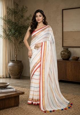 White Woven Design Cotton Saree Set