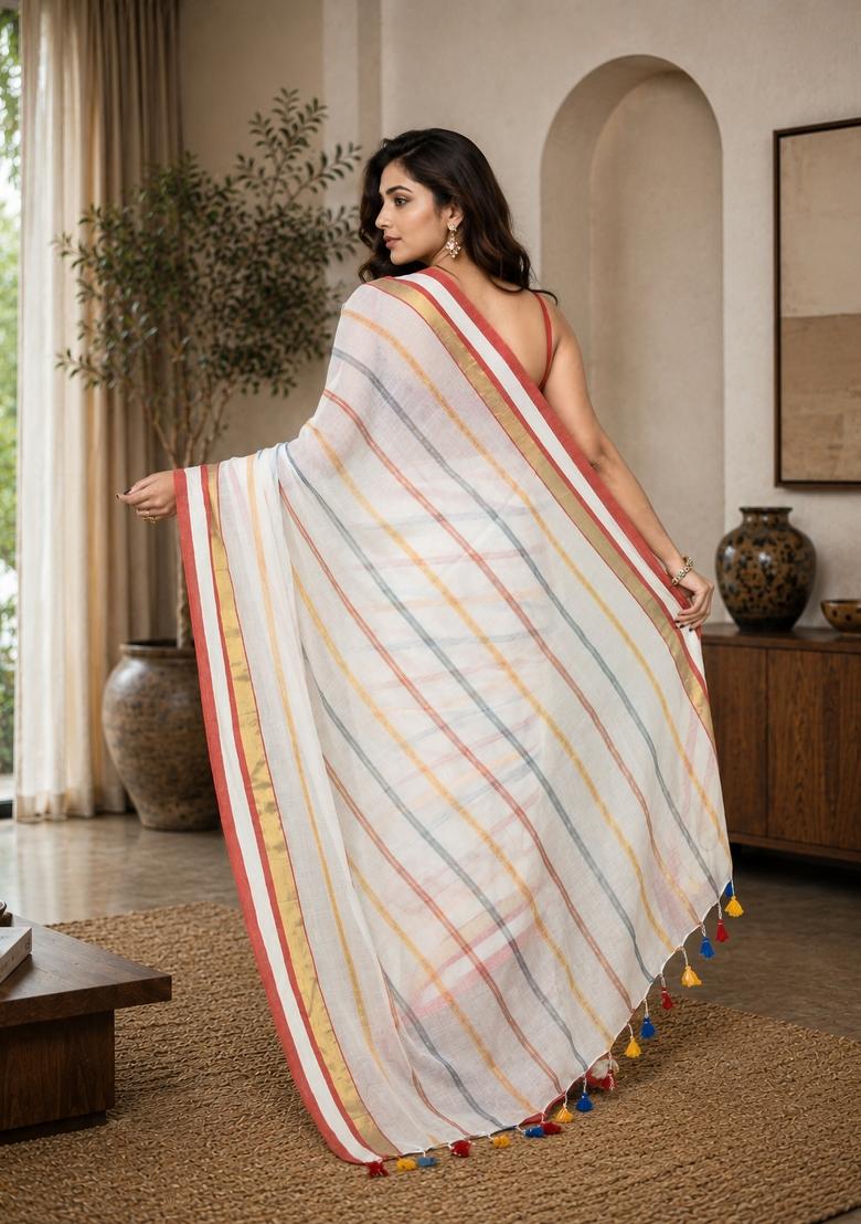 White Woven Design Cotton Saree Set - Indya