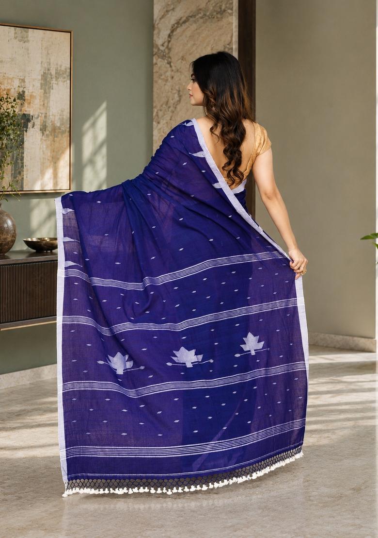 Blue Woven Design Cotton Saree Set - Indya