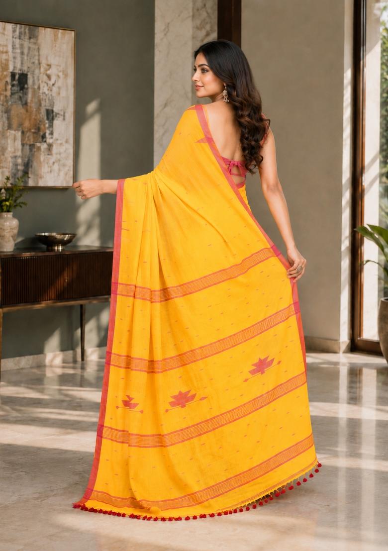 Yellow Woven Design Cotton Saree Set - Indya