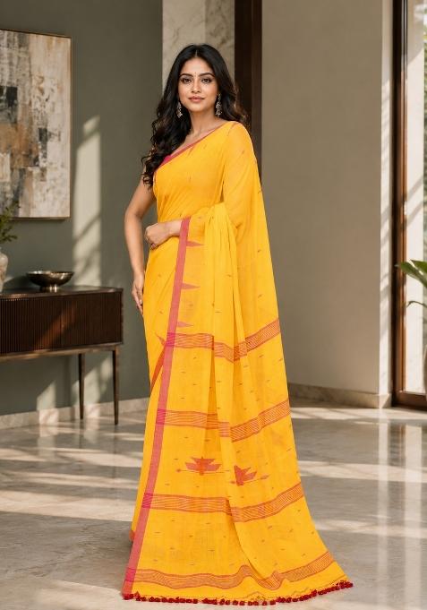 Yellow Woven Design Cotton Saree Set