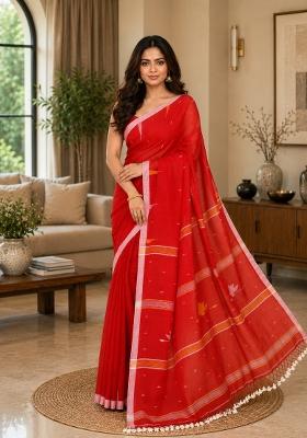 Red Woven Design Cotton Saree Set