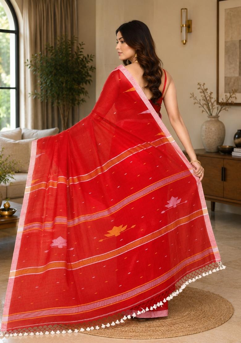 Red Woven Design Cotton Saree Set - Indya