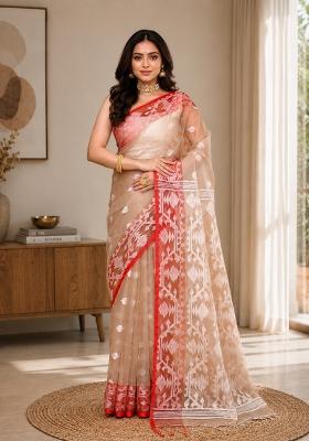 Tan Woven Design Silk Saree Set