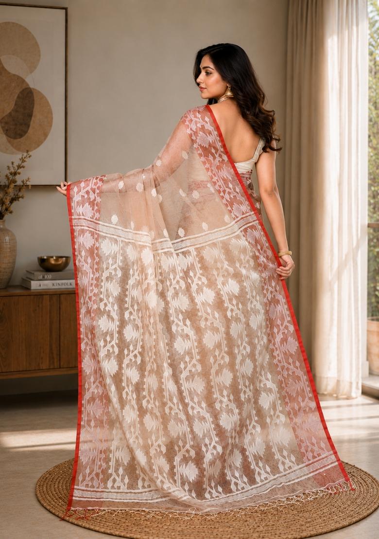 Tan Woven Design Silk Saree Set - Indya