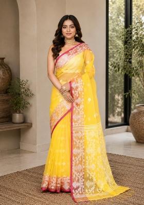 Yellow Woven Design Silk Saree Set