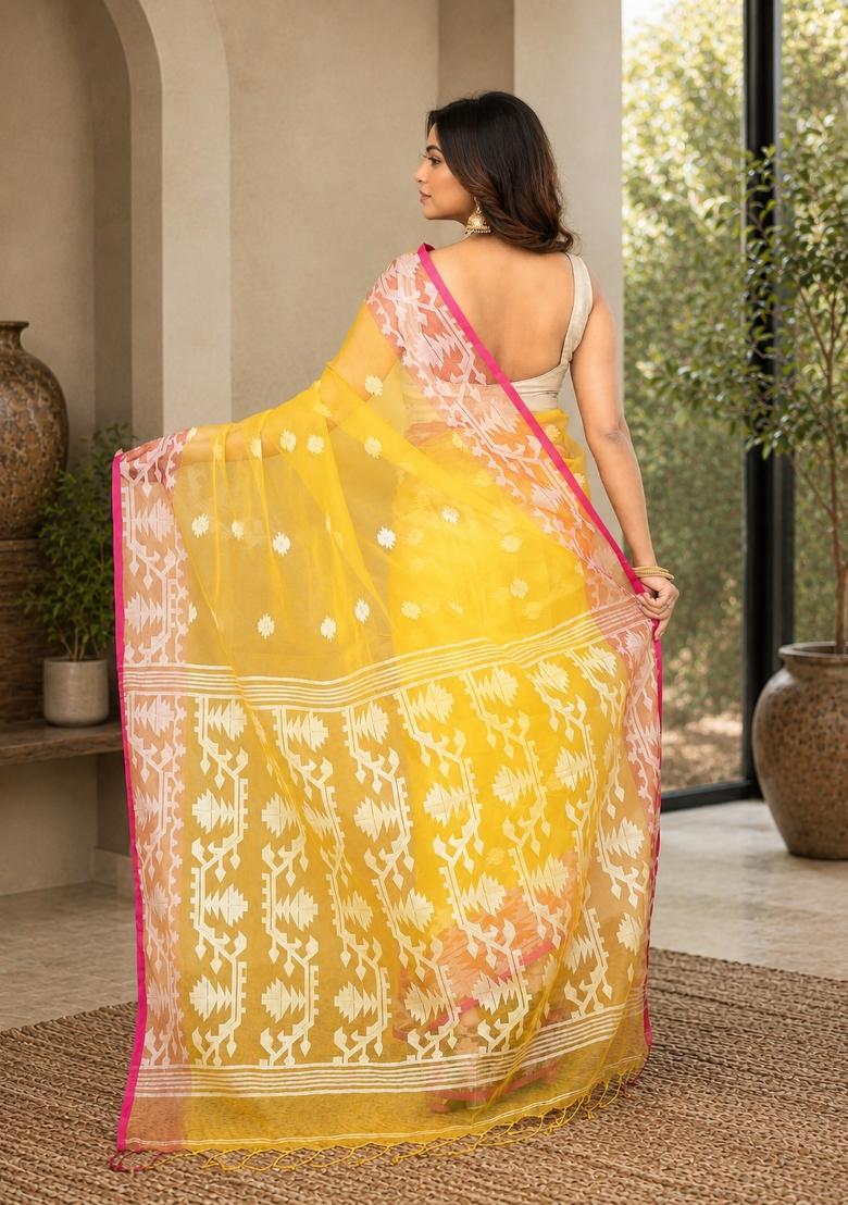 Yellow Woven Design Silk Saree Set - Indya