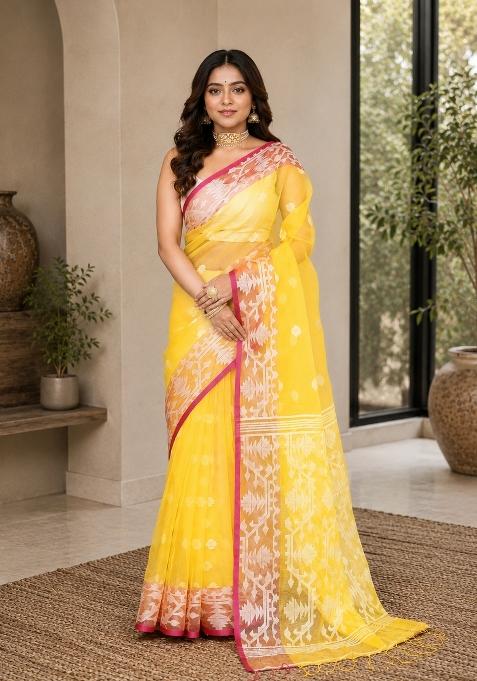 Yellow Woven Design Silk Saree Set
